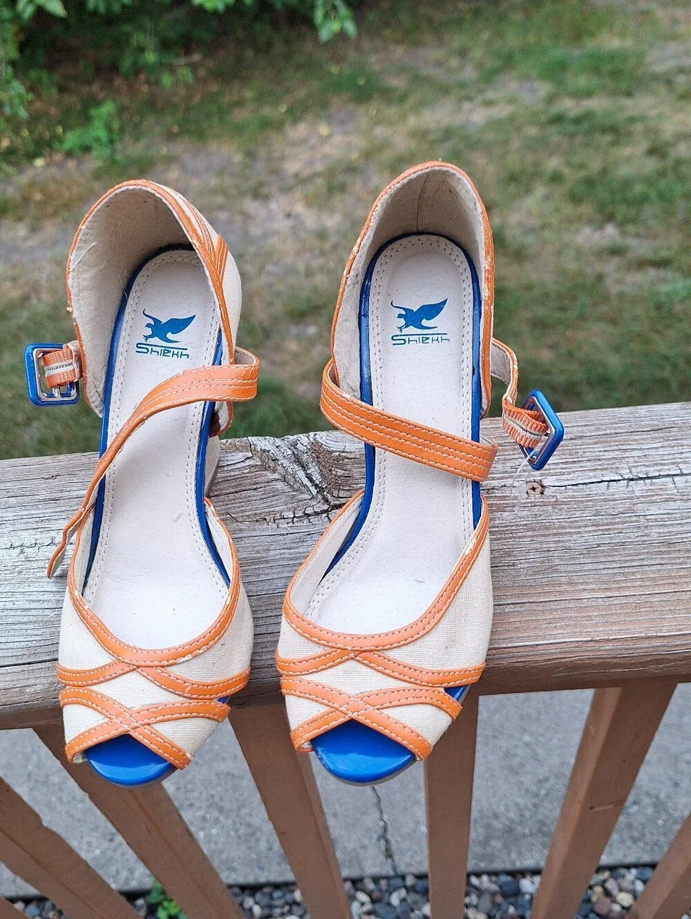 Wedge Peep-Toe Sandals in Beige and Orange